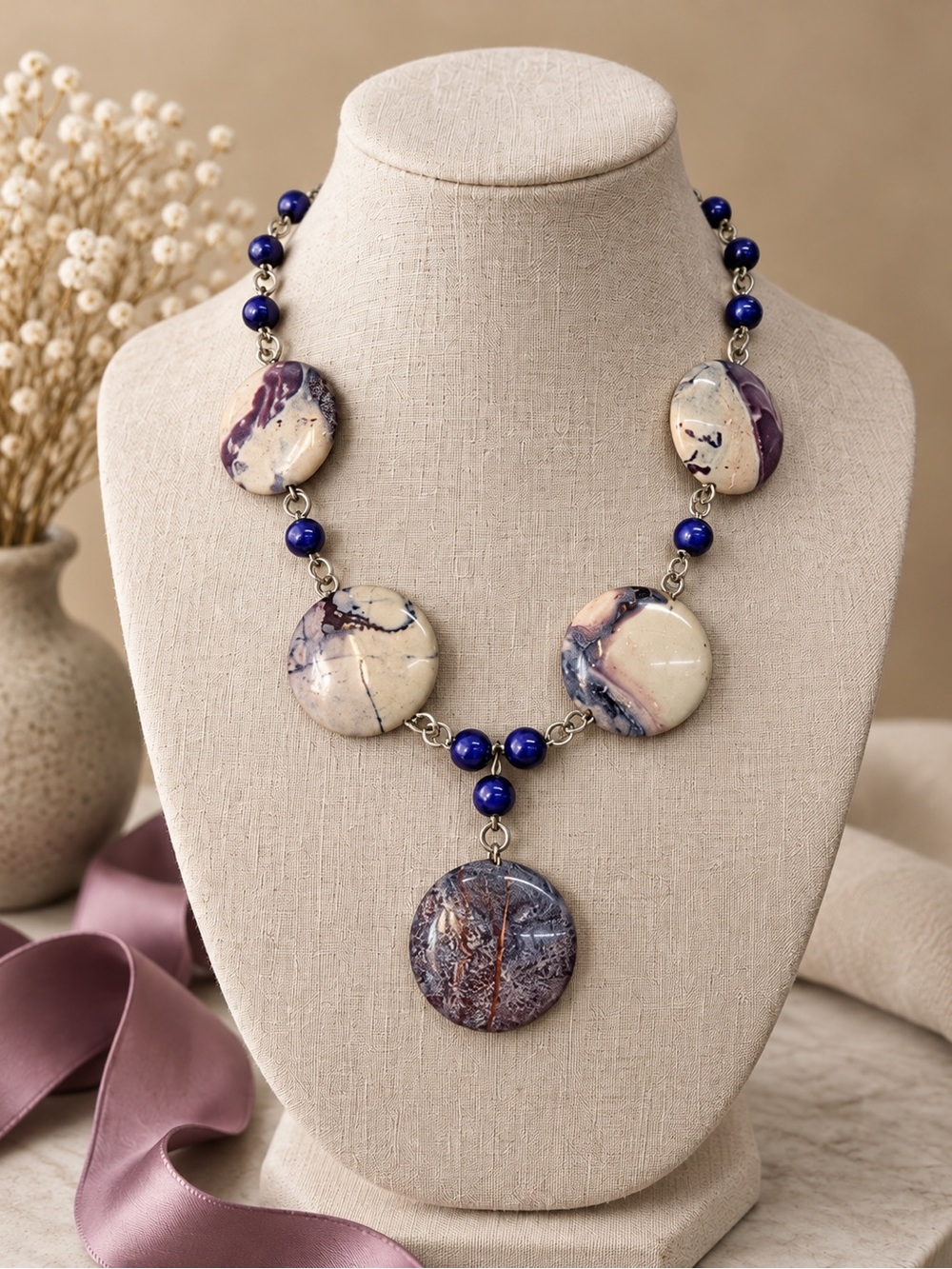 Vintage Purple & Cream Jasper Statement Necklace with Blue Accents